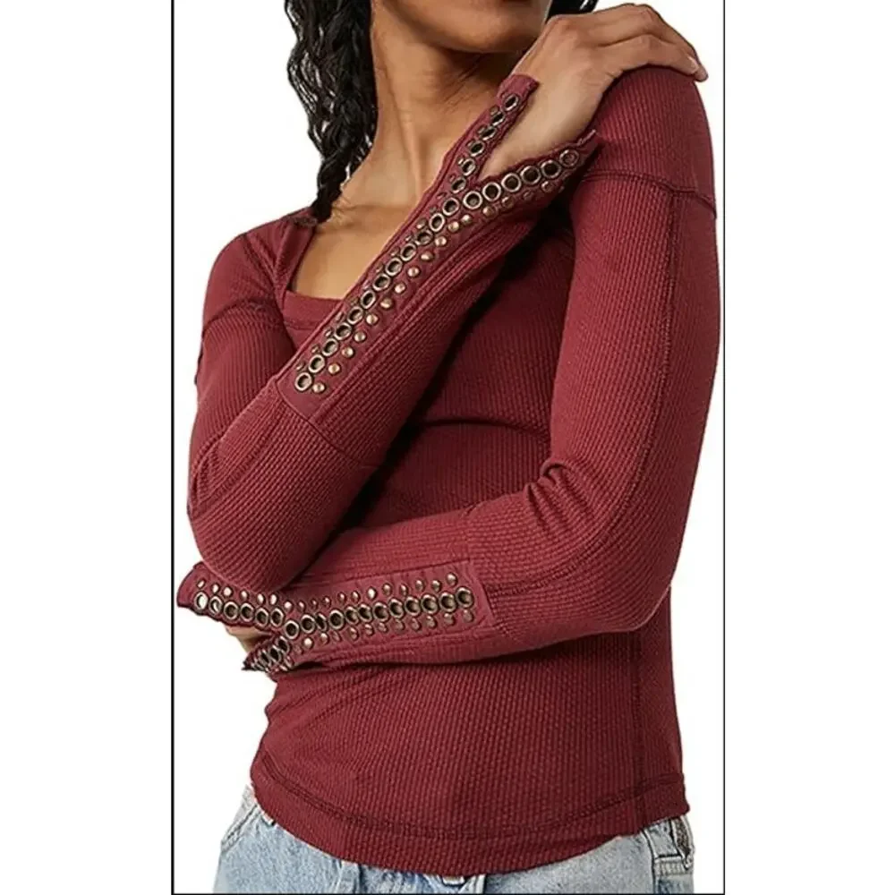 Free People A Litte Unruly Thermal Top L Studded Square Neck Red Boho Grunge